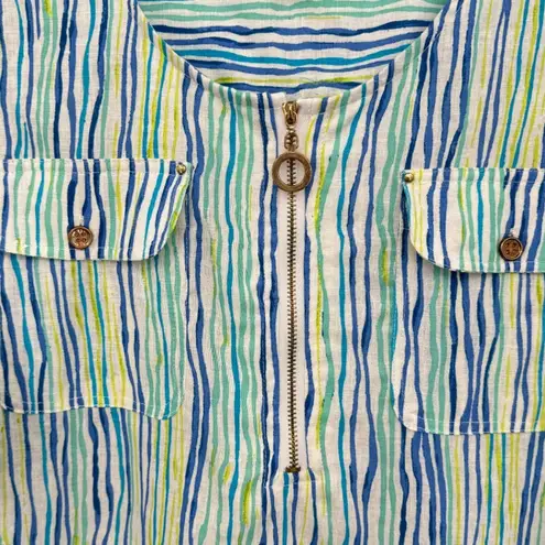 Cathy tunic M petite linen blend short tab sleeve zip front stripe beach resort Green Size M