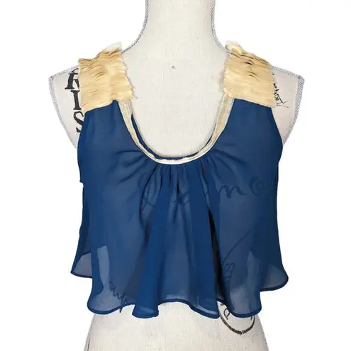 McGinn Sheer Cropped Ruffled Shoulder Top Teal and Cream Size 4