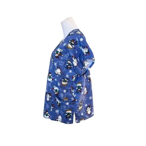 JIJ Scrubs Blue Snowman Snowflake Scrub Medical Top LARGE Wintertime Snow