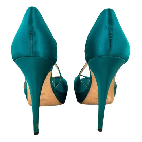 Saint Laurent Paris Turquoise Satin Tribute Cross Strap Platform Sandals Size 35