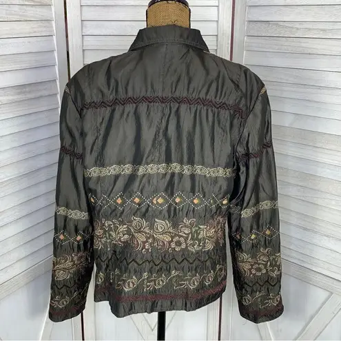 ELCC Vintage Embroidered Taffeta Blazer Jacket Gray Large Button Front