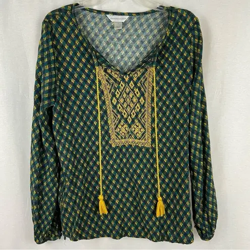 Christopher & Banks  Green and Gold Boho Top with Tassels Women’s Size Medium