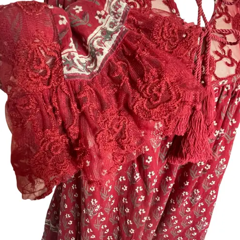 Free People  Women’s Nomad Child Cherry Red Floral Boho Mini Dress