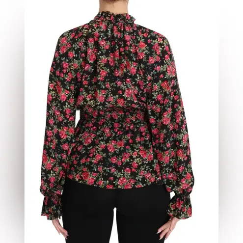 Dolce & Gabbana Authentic Rose Floral Silk AOP Blouse Shirt Top Ruffle Detail S