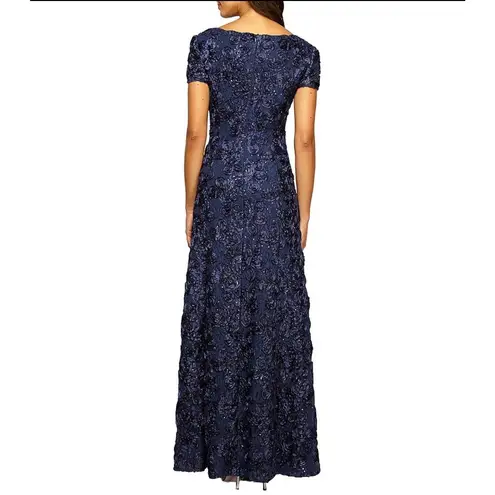 Alex Evenings Navy Sequin Floral Lace Gown - Size 8 (New)