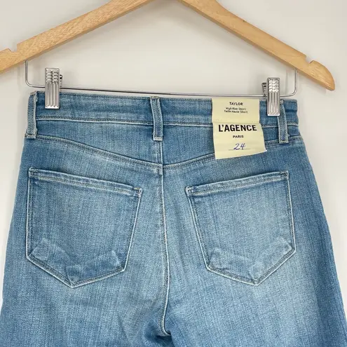 L'Agence Women's Blue Light Wash Raw Hem Taylor High Rise Denim Short Size 24