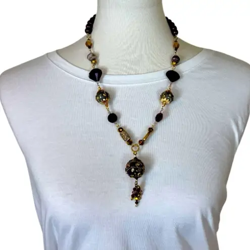 Handmade Women’s Lariat Tassel Necklace Glass Bead Plum Purple Gold 18” Length