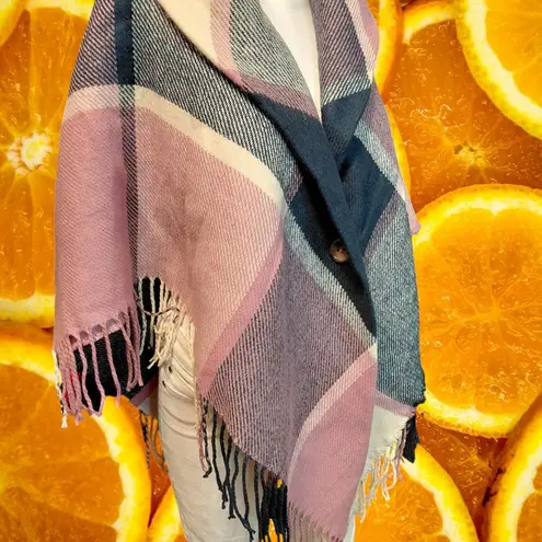 Chic Plaid Poncho Cape Scarf Wrap Button Closure Fringe Trim For Women Pink Size XL