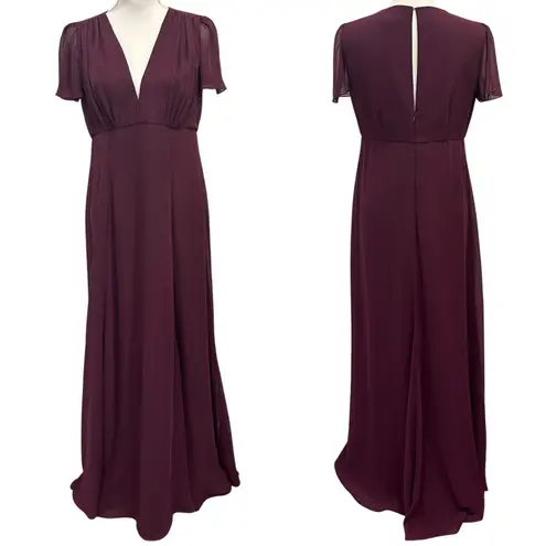 Joanna August Plum Chiffon Flutter Sleeve Maxi Bridesmaid Wedding Guest Dress