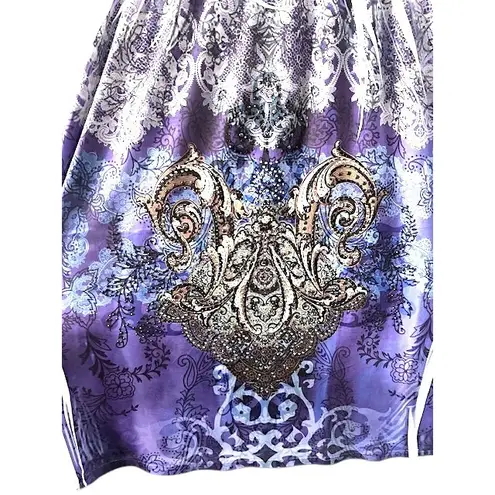 Purple Paisley Print Dress 2X Empire Waist Stretch Sequined Flowy Boho Festival