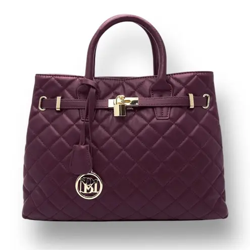 Badgley Mischka New Plum Big Diamond Quilted Tote Bag Gold Lock Vegan Leather