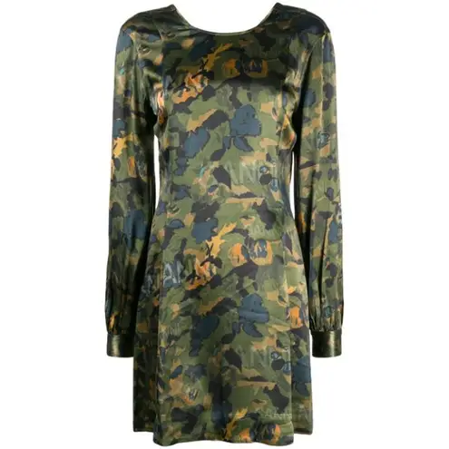 Ganni Satin Green Camo Print Long Sleeve A-Line Mini Dress