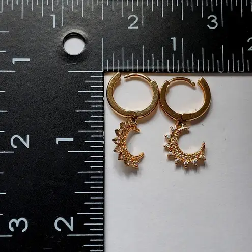 Gold Filled Crescent Moon with Crystals Huggie Hoop Earrings