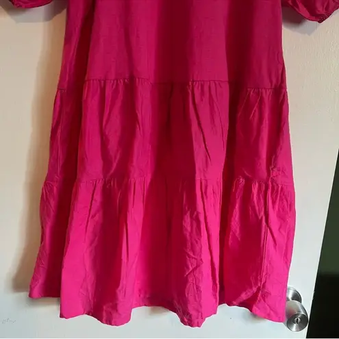 ZARA hot pink puff sleeve tiered cotton mini dress size xs