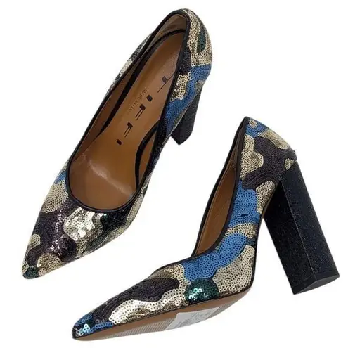 TIFFI Sequin Pointed Toe Block Heels Black Gold Blue Size 37