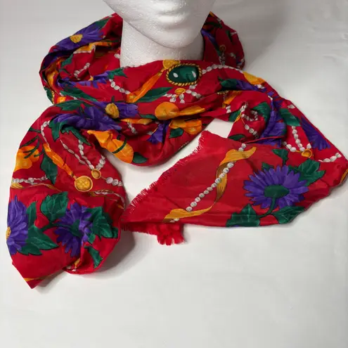 Bill Blass VTG Silk Scarf Red Floral Cherry Pearl Gemstone Design Bright 80s