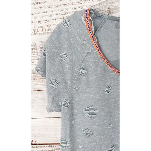 Hem & Thread Women's Distressed Color Block Short Sleeve Shirt Blue White Small