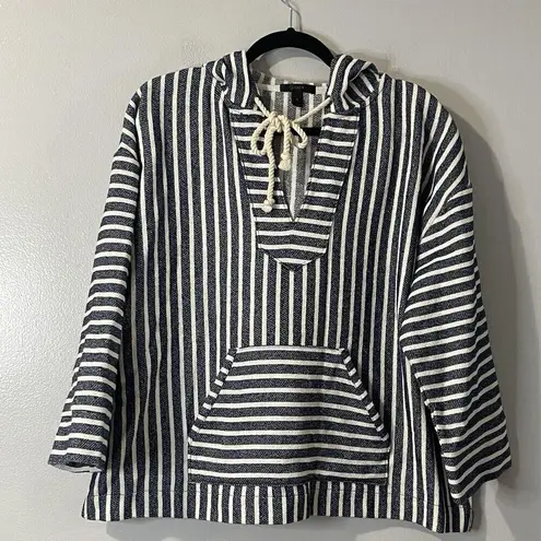 J. CREW Baja Hoodie Pullover Size XL Blue White Striped Woven Boho Chic Beach