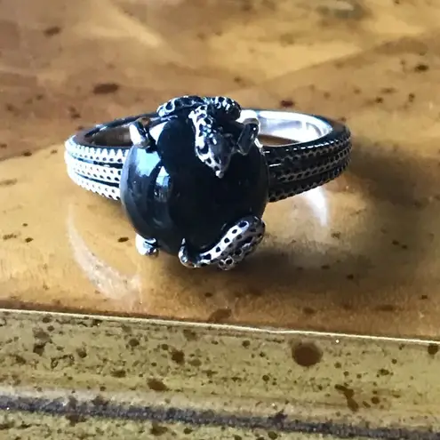 Natural Black Jade Sterling Silver Snake Ring Size 7