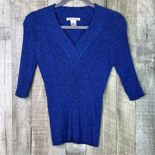 Reference Point Size Small V-Neck 1/2 Sleeve Ribbed Blue Sweater Vintage