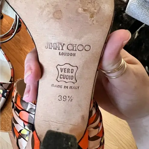 Jimmy Choo Geometric Groovy Print Satin Heels Ankle Wrap Size 39.5