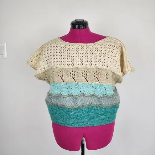 None Open Knit Sleeveless Sweater Crop Top Teal Cream Beige Short Sleeve Top
