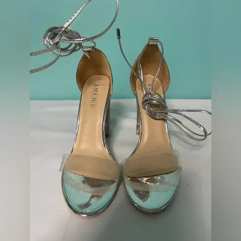 Lala Ikai silver clear heeled sandals with rhinestones size‎ 7 1/2 S - Image 2