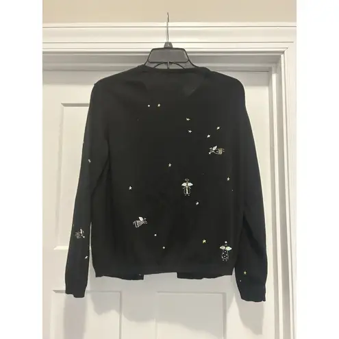 Susan Bristol VTG Embroidered Angel Black Cardigan Sweater Size Medium Christmas