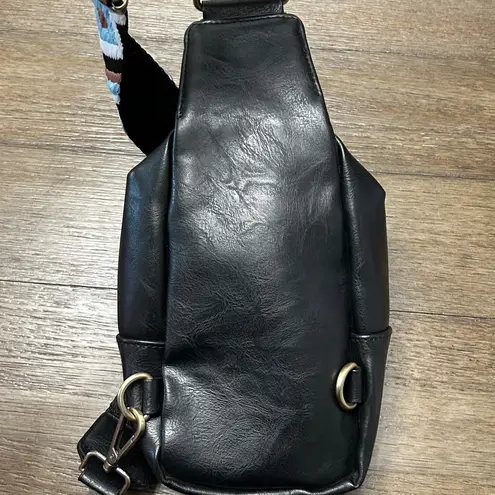Unbranded‎ Black Vegan Leather Sling Bag Embroidered Strap