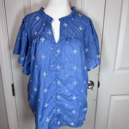 Studio West Boho Coquette Embroidered Peasant Top L Ruffle Neck Flutter