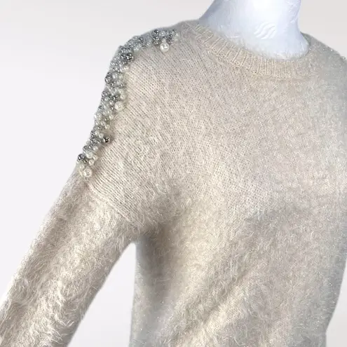 Mizumi Ivory Beaded Fuzzy Sweater Embellished Long Sleeve Soft Knit Size Small White
