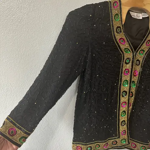Laurence Kazar Beaded Silk Jacket Embellished Party Evening Top Black Medium
