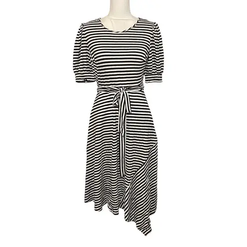 Karl Lagerfeld Paris Belted Striped Pouf Sleeve Round Neck Midi Fit Flare Dress