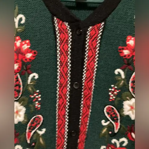 Koret Green Ugly Christmas Embroidered Floral Button Down Cardigan Sweater Size L
