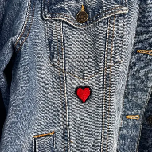 Love Tree  Denim Jacket Destructed Heart Patch Blue Layer Utility Chore Size MD