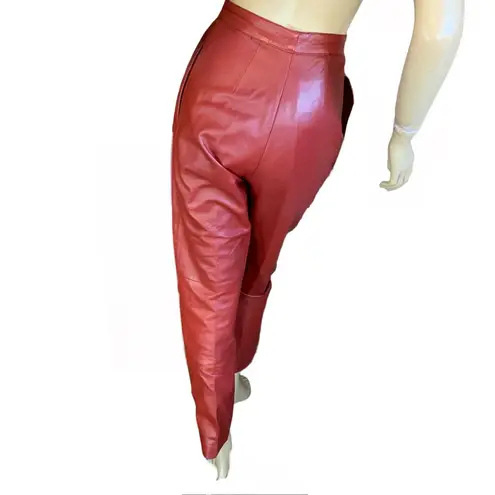 VINTAGE 1980'S REDDISH BROWN LEATHER STRAIGHT LEG PLEATED TROUSERS (XS) Red