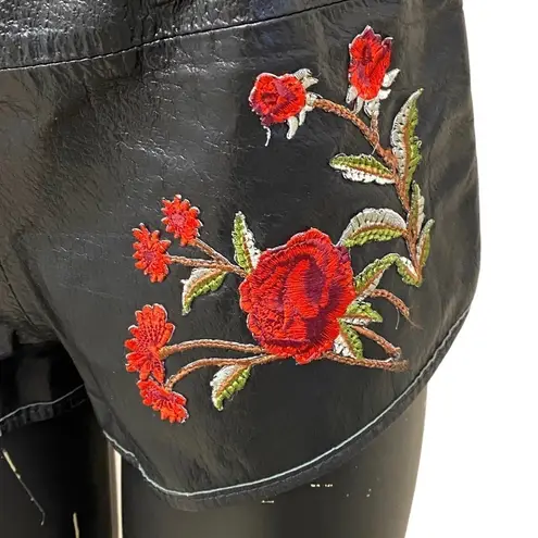 American Vintage  Black Faux Leather Short Red Floral Embroidery