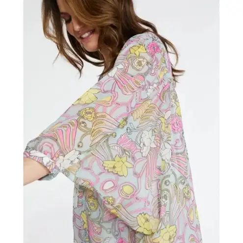 Badgley Mischka Top Womens 2X Aqua Pink Cocoon Floral Printed Tunic Blouse