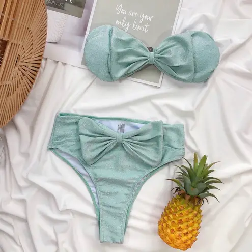 Boutique icy green bow tie high waist swimsuits