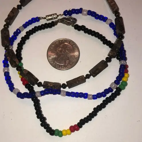 9” Ankle Bracelets Lot of 3 Black Red Yellow, Blue & Jasper Stone 925 Clasp