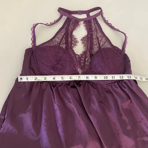 Frederick's of Hollywood  High Neck Purple Satin Lace Teddy Nightgown Lingerie Med
