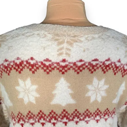 Holiday Time  Sweater Neutral Knit Pullover Cream Tan Snowflake Tree Fair Isle