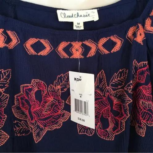 Cloud Chaser Navy Blue Blouse with Floral Embroidery