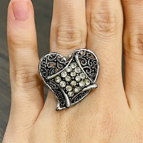 Silver Metal Rhinestone Heart Adjustable Ring