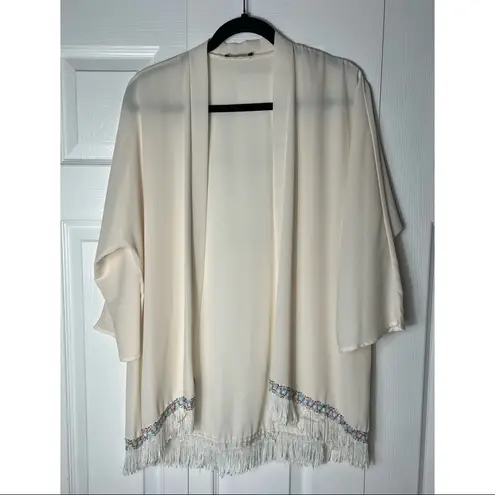 Jella Couture Beige Semi Sheer Fringe Trim Open Kimono Cardigan Size Large