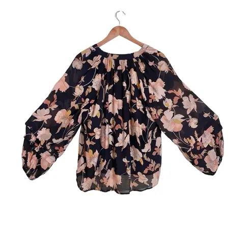 FATE. Black/Pink Floral Print Button Front Balloon Sleeve Blouse