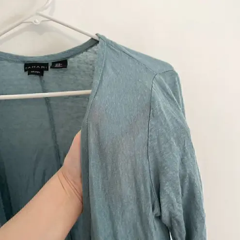 Tahari Solid Blue Asymmetrical Open Front 100% Linen Boho Long Cardigan Sweater