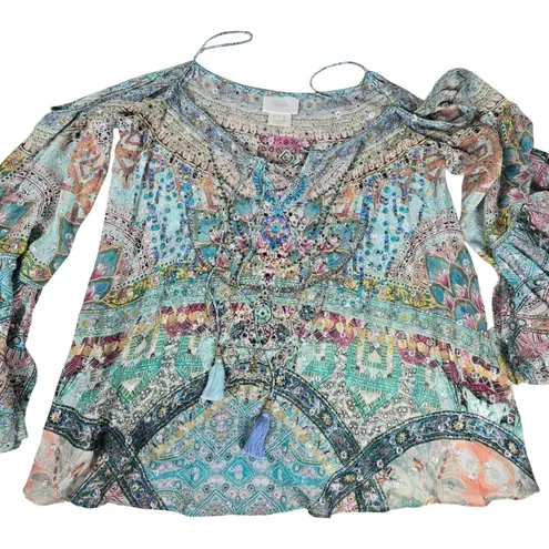 Camilla Silk Drop Shoulder Metallic Sparkle Embellished Boho Top Blouse XS