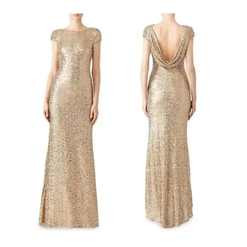 Badgley Mischka Size 2 Gold Sequin Cowl Back Gown