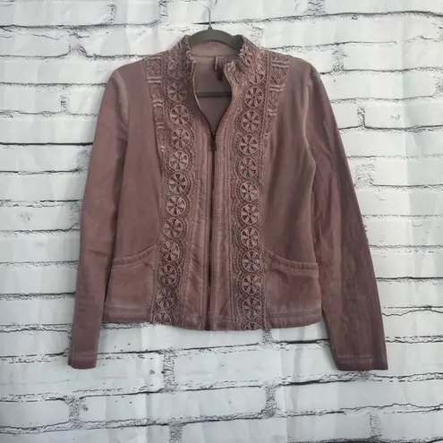XCVI Embroidered Zip Jacket Women’s S Dusty Rose Cotton Blend Boho Lace Preppy
